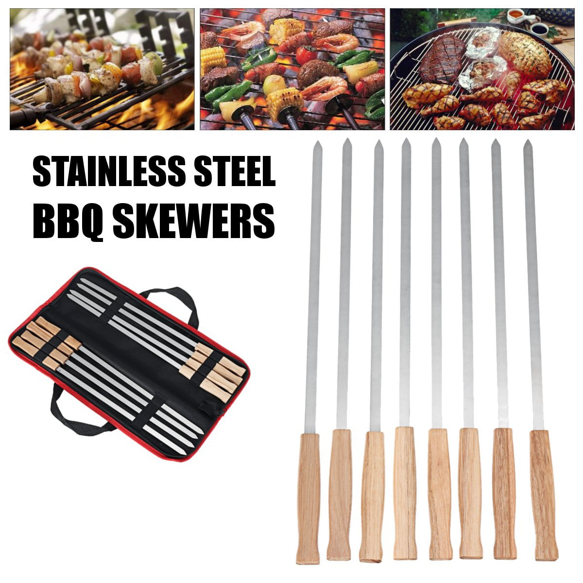 15x Shish Skewers Barbeque BBQ Kebab Flat Fork Long Stick Stainless Steel 16inch 