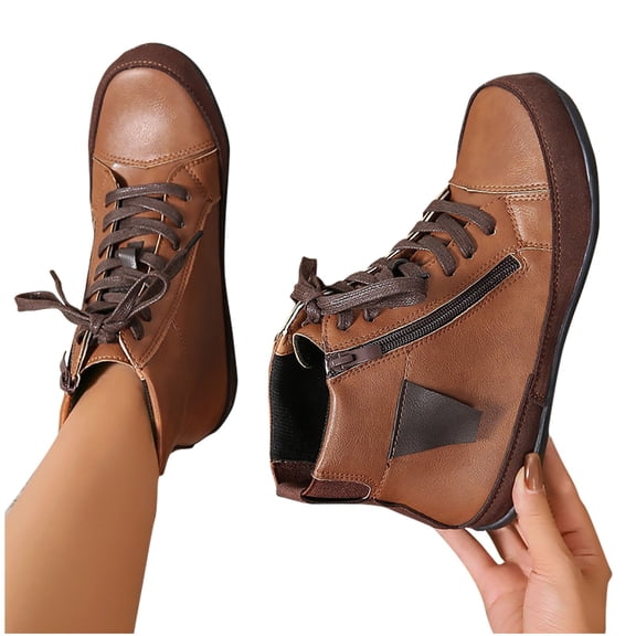 prrcolt Women's PU Flat Ankle Boots Retro Lace-up Slip On Comfortable Anti-slip Short Booties Soft Bottom Low Heel Booties
