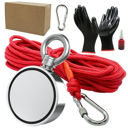 TIANLAIMEI Double-Sided Fishing Magnets Neodymium Magnet Fishing Kit Pulling Force 20m (65 Foot) Durable Rope and Protective Gloves