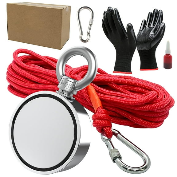 TIANLAIMEI Double-Sided Fishing Magnets Neodymium Magnet Fishing Kit Pulling Force 20m (65 Foot) Durable Rope and Protective Gloves