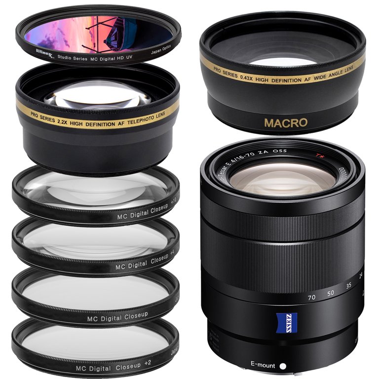 Sony Vario-Tessar T* E 16-70mm f/4 ZA OSS Lens with Starter Filter Bundle -  Includes: Multi-Coated 2.2X Telephoto Lens, High Definition .43X Wide