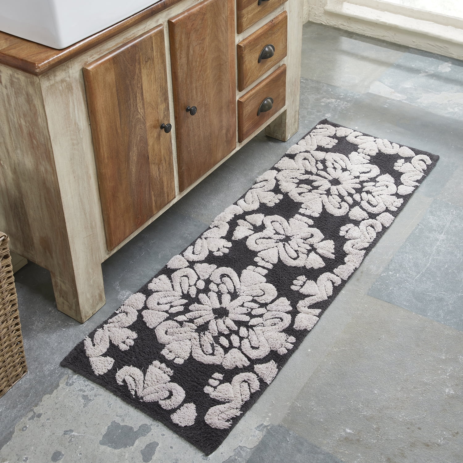 Better Trends 5 Piece Bathroom Rug Set 100% Cotton Extra Soft Tufted Bath Rug Water Absorbent Non-Slip Bath Mat Machine Washable (Charcol) Medallion Collection