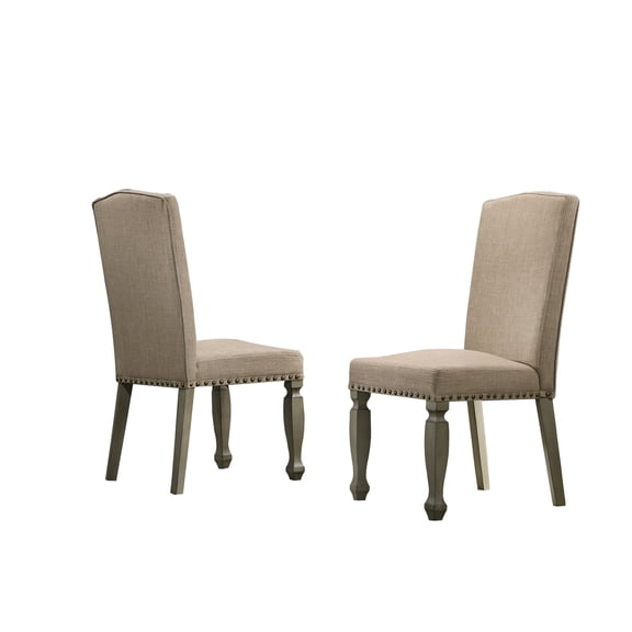 Wooden Dining Chairs, Breda Antique Gray Finish Upholstered Nailhead Dining Chair, Set of 2, Tan Dining Chairs,Polyester Blend Upholstered Dining Chairs