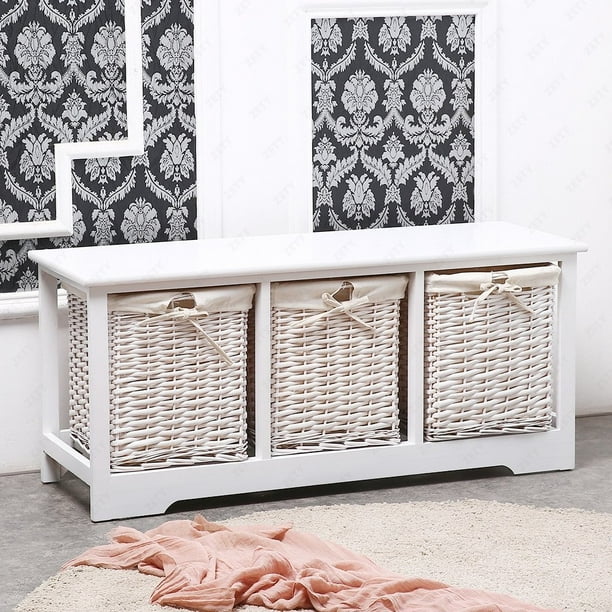 Mecor Shabby Chic 3 Drawer White Wooden Cupboard Wicker Storage