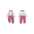 thumbnail image 2 of Cjfdfy Newborn Baby Girl Christmas Fall Clothes Set Christmas Plaid Striped Ruffle Long Sleeve Ribbed Jumpsuit Bow Headband Infant Cute Christmas Fall Winter Outfit 0-18 Months, 2 of 9