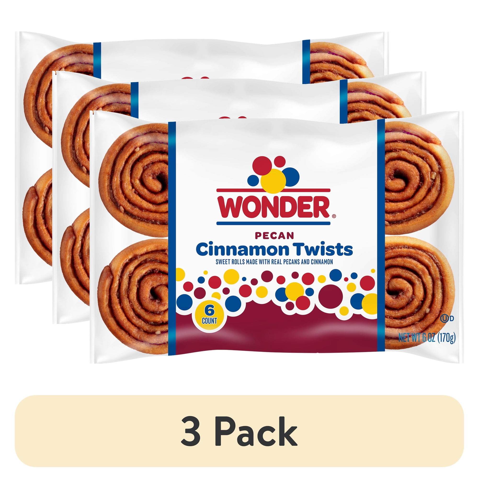 (3 pack) Wonder Cinnamon Twist, Cinnamon and Pecan Baked Pastry Rolls, 6 oz, 6 Count