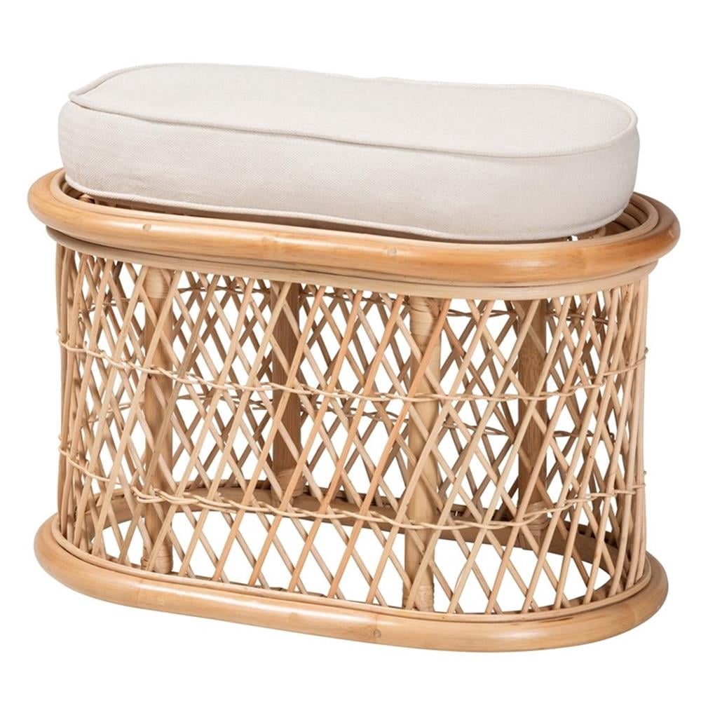 定価7.4万 MOUNTAIN RESEARCH RATTAN OTTOMAN Baxton Studio Orchard Bohemian Ottoman, White Upholstered Cushion