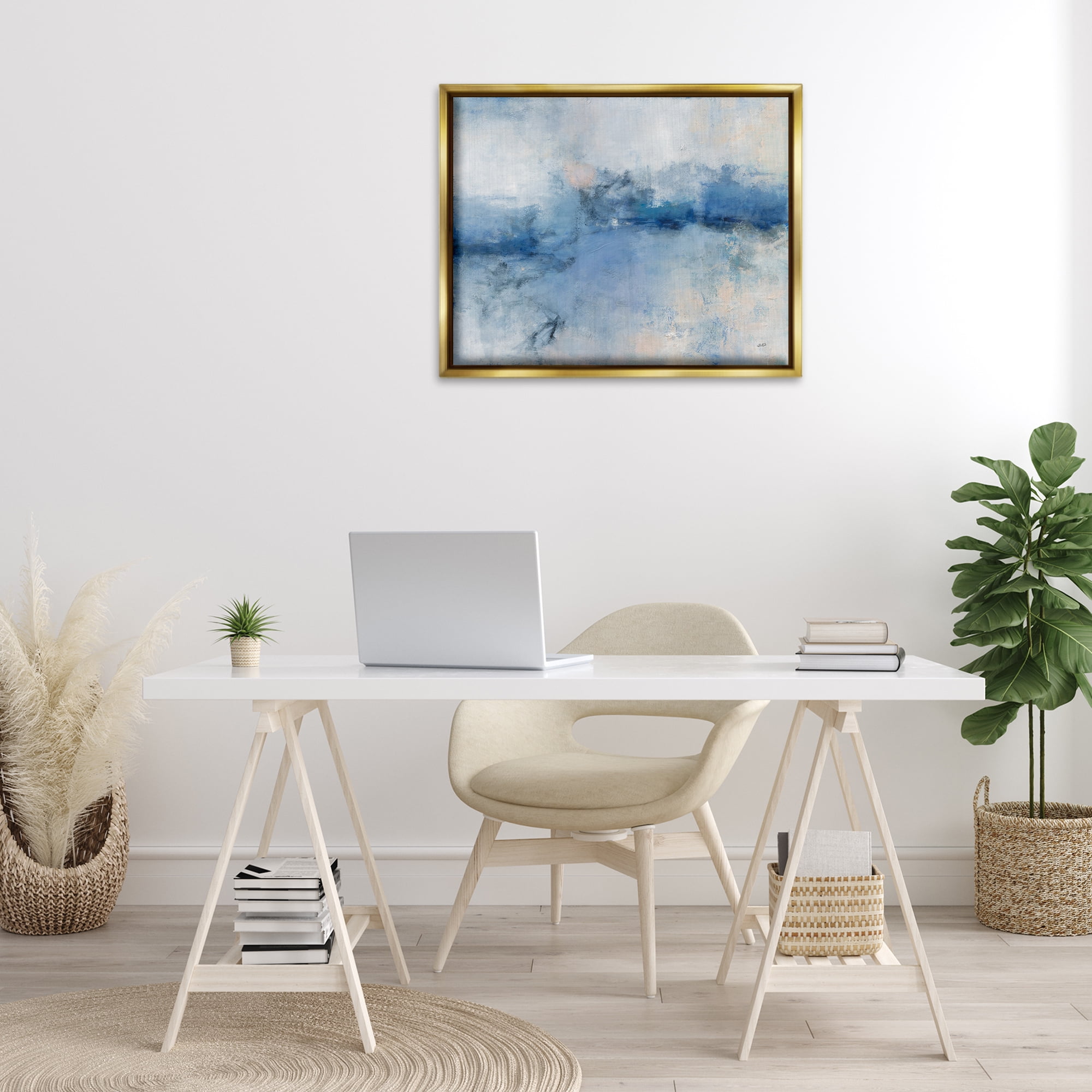 Stupell Industries Blue Seaside Impressions Abstract Painting Gold Floater Framed Canvas Art Print Wall Art, 31 x 25