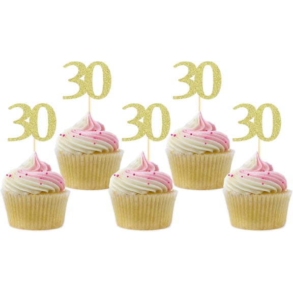 Gold Glitter 30th Birthday Cupcake Toppers, Cheers to 30 Years Party Picks, 30th Anniversary Decorations, 12 Pack