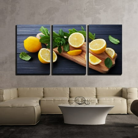wall26 - 3 Piece Canvas Wall Art - Lemon and Mint Leaves Served on Wooden Kitchen Board on Black Rustic Table - Modern Home Decor Stretched and Framed Ready to Hang - 24