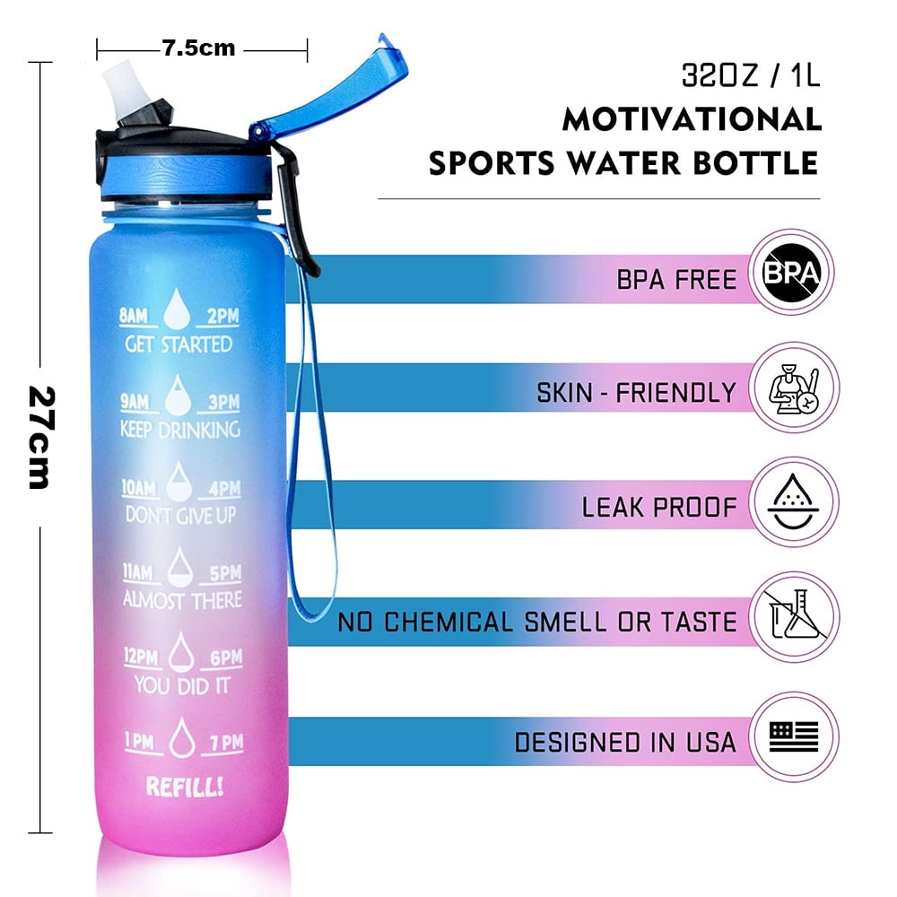Sports Water Bottle 1 Litre, Time Markings and With Straws Bottles, Water  Bottle Opens With 1-Click, Suitable for Fitness, Outdoor, Camping, Yoga,  Cycling and Family Life,Black 