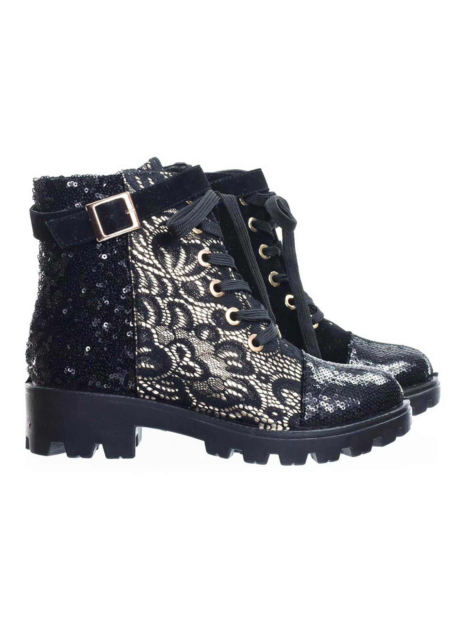 Tread12 by Aquapillar, Lace Up Combat Boots w Sequins & Faux Fur Lining
