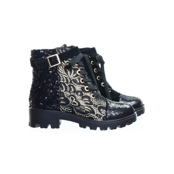 Tread12 by Aquapillar, Lace Up Combat Boots w Sequins & Faux Fur Lining