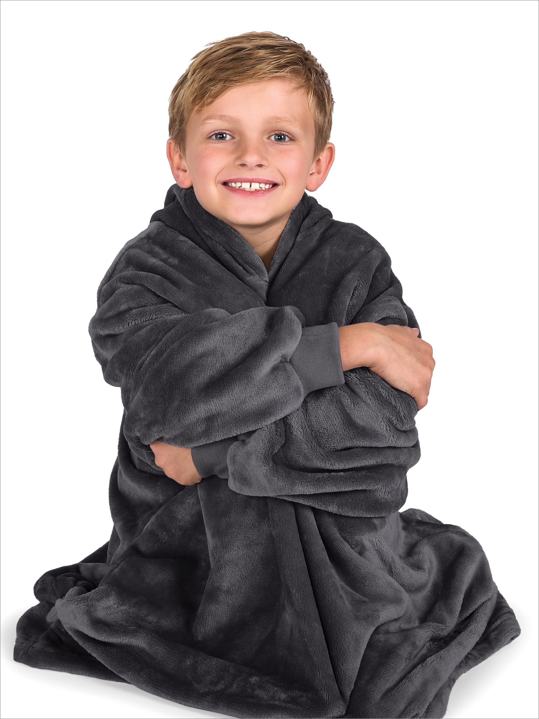 Bare Homey Kids Size Microplush Wearable Blanket - Side Pockets - Warm - Velvety Soft, Forged Iron Gray