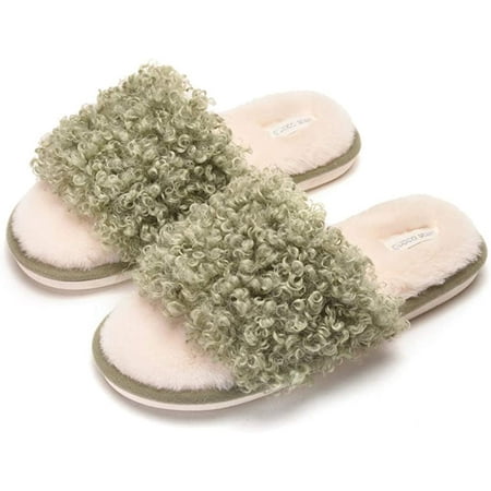 

DanceeMangoo Women s Fuzzy Faux Fur Memroy Foam Flat Spa Slide Slippers Open Toe House Shoes Sandals