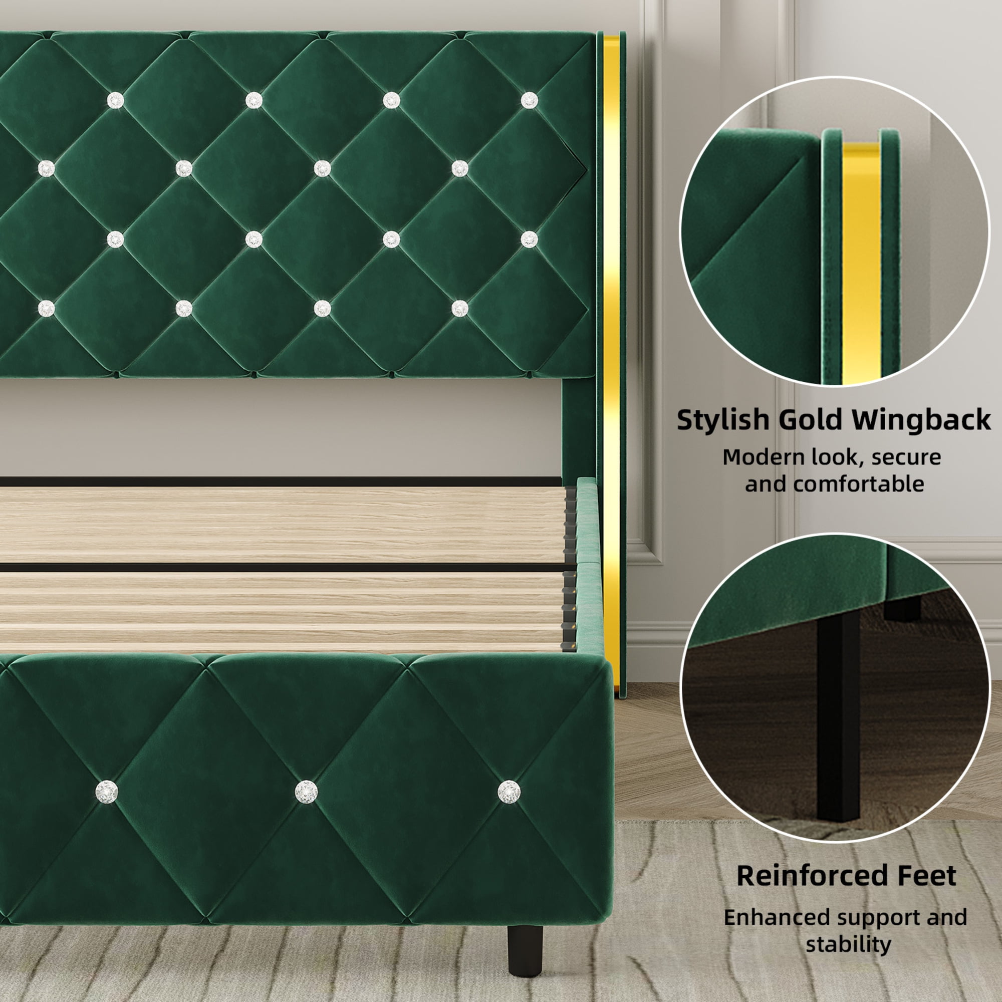 4 EVER WINNER Green Twin Velvet Bed Frame, Gold-Trim Button Tufted Headboard, No Box Spring Needed, Easy Assembly