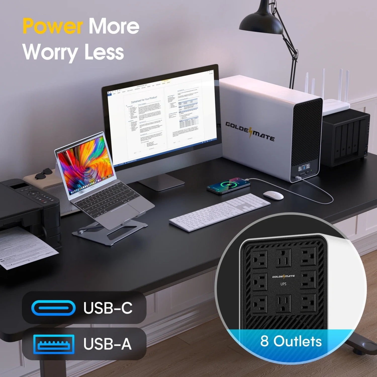 GOLDENMATE 1500VA/1000W Lithium UPS, battery backup Surge Protector, 297Wh LiFePO4 Power, AVR, Line Interactive Sine Wave, 8 Outlets, LCD Display