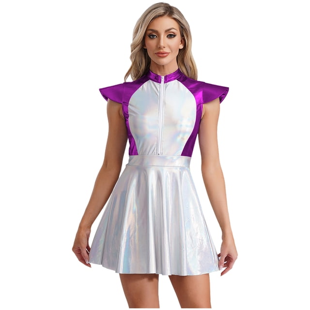 Hansber Costume d'Extraterrestre pour Femmes Robe de Cosplay d'Halloween Danse Disco Holographique Astronaute Robe Spatiale Violet m