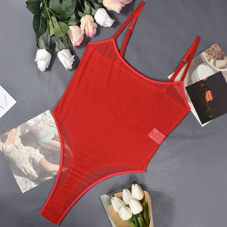 GZWYHT Bodysuits for Women Clearance Lingerie for Women Women s Sheer Mesh See Through Lingerie Sleeveless Mini Dress Chemise Bodysuit Fishnet Lingerie Sexy Lingerie  Red M