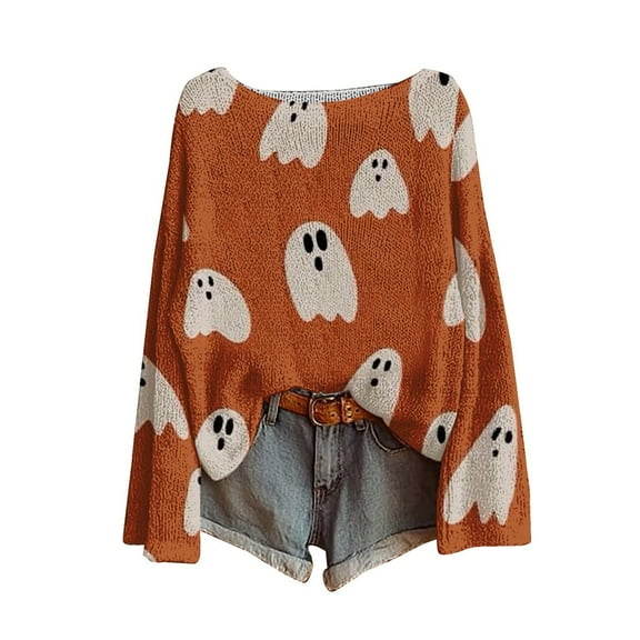 Halloween Knitted Pullover Sweater Casual Oversized Long Sleeve Hollow Out Design Cozy for Fall Winter Fashion Orange L