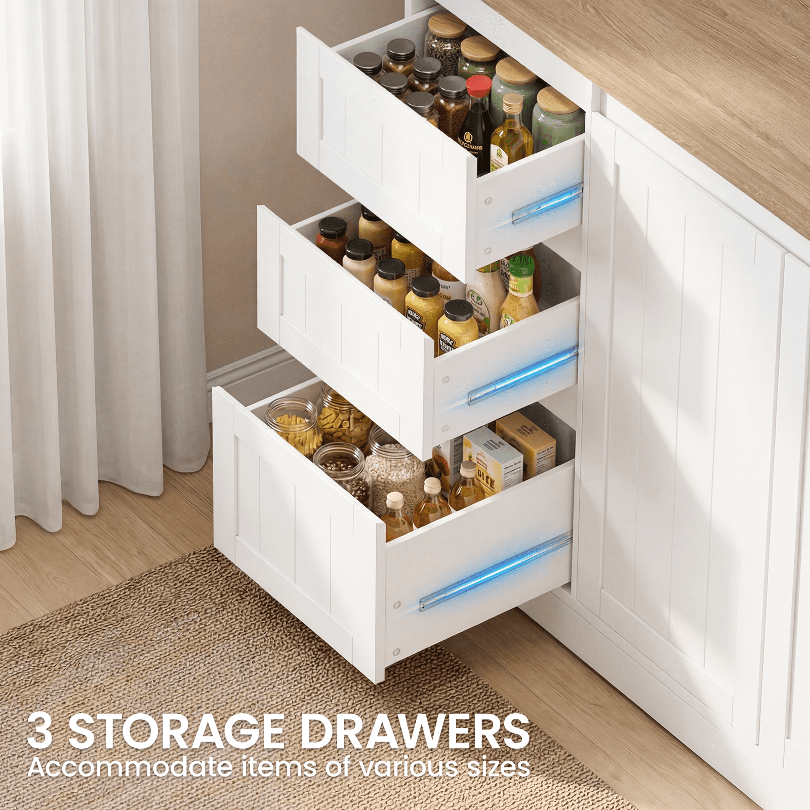 Netraty 71" Pantry Cabinet with Charging Station, Large Capacity Kitchen Hutch Storage Cabinet, Kitchen Cabinet with Microwave Stand, Storage Drawers & Adjustable Shelves for Dining Room, White