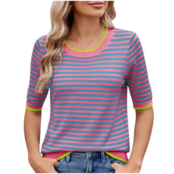 XuJwPNcy Women's Striped T Shirt Short Sleeve Crewneck Summer Ribbed Knit Slim Fit Casual Basic Tee Tops Vacation Outfit