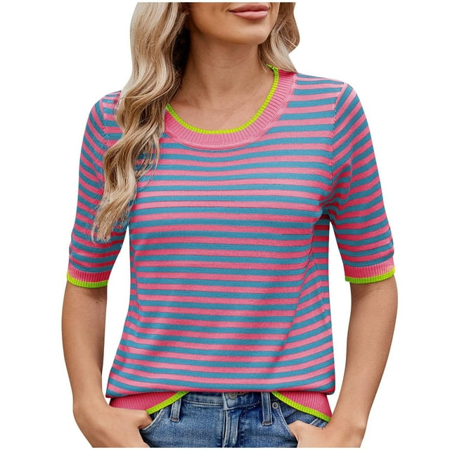 Pisexur Hauts de Printemps pour Femmes 2025, Hauts d'Entraînement pour Femmes, Hauts pour Dames, Blouses à Manches Courtes Rayées pour Femmes, Col Rond, Haut Décontracté à la Mode Rouge Melon D\'eau, m