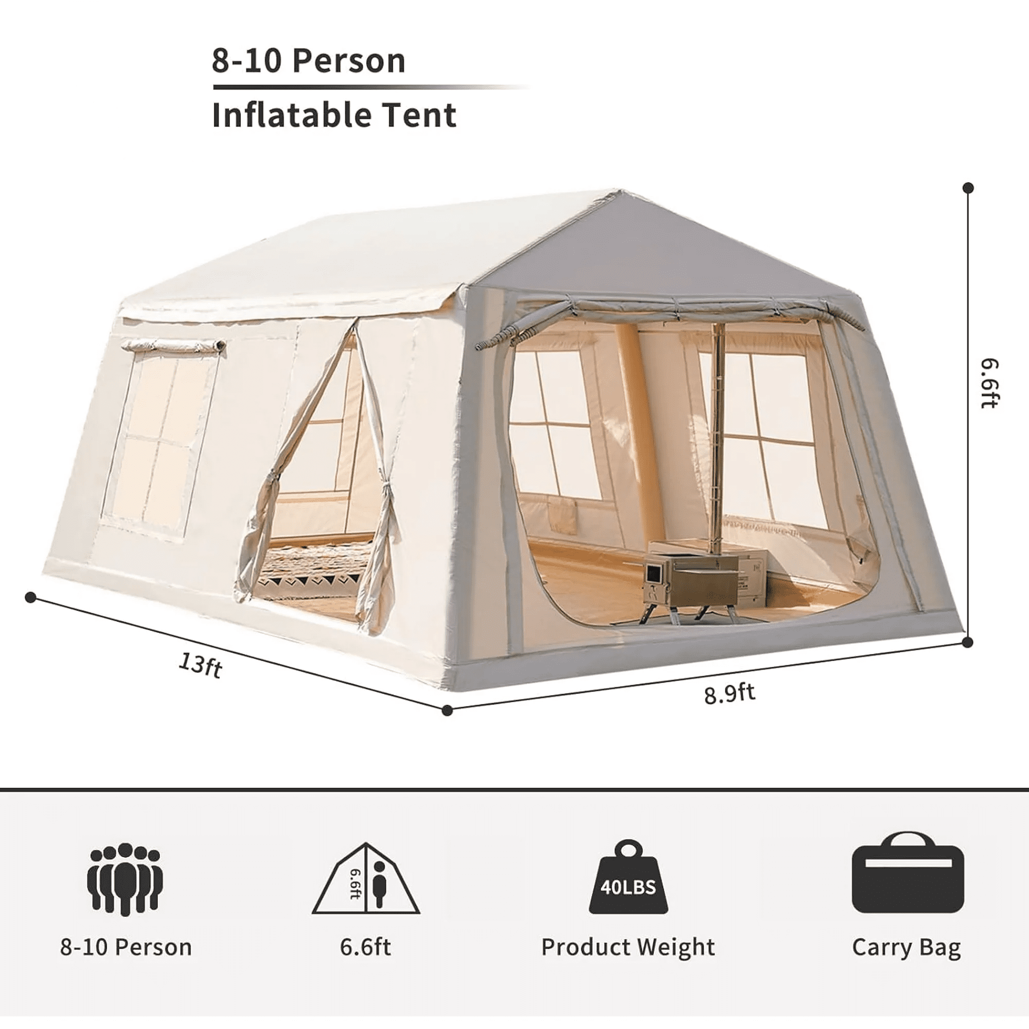 Zikebtuy 2/6/8 Person Inflatable Camping Tent, Easy Setup Blow Up Air Tent with Hand Pump, Waterproof 4-Season Glamping Tent with Large Mesh Windows & Oversized Canopy for Couples, Group & Family
