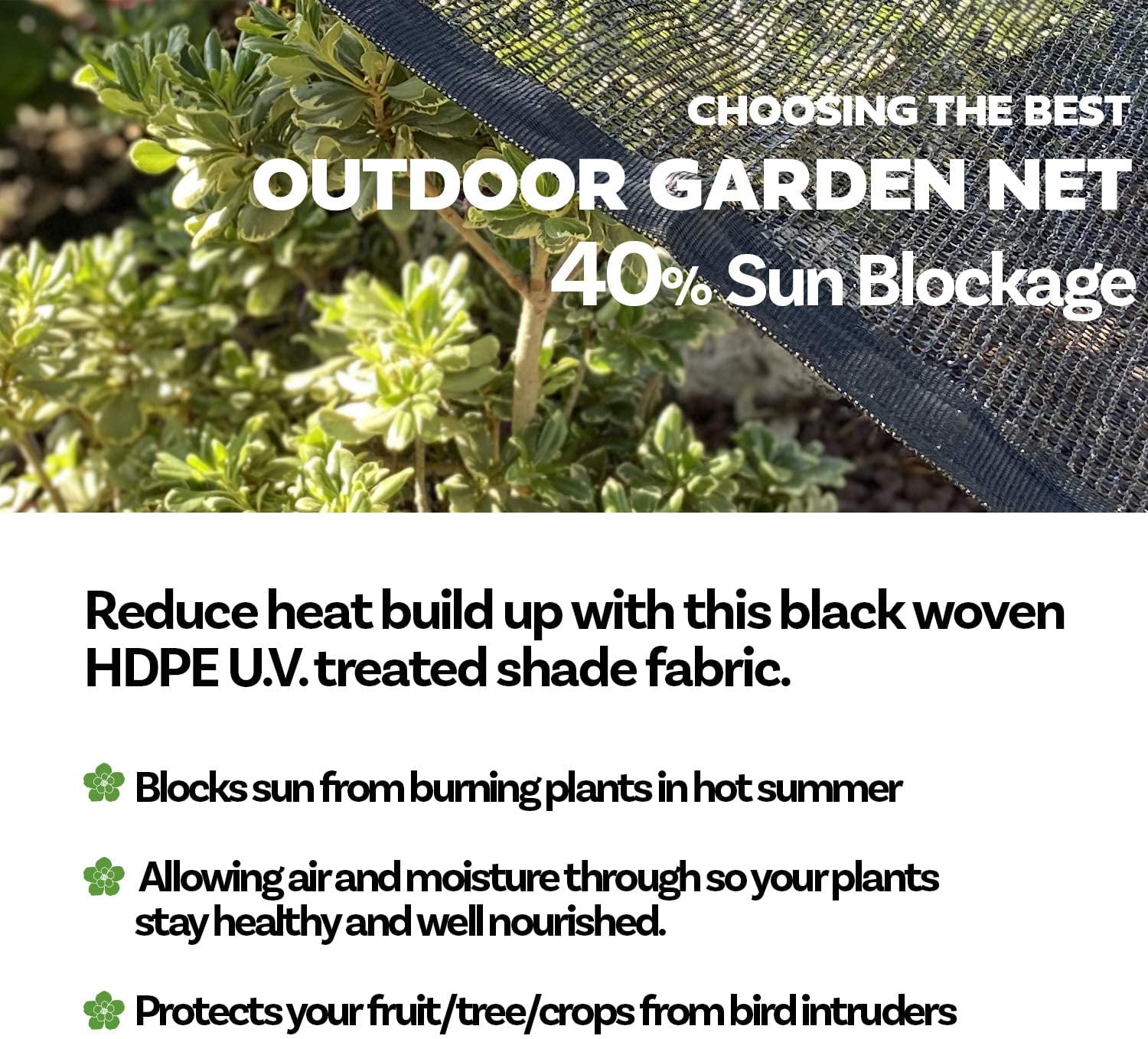 40% Sunblock Shade Cloth with Grommets - Garden Netting Sun Cover for Patio Plants Black (6' x 4')