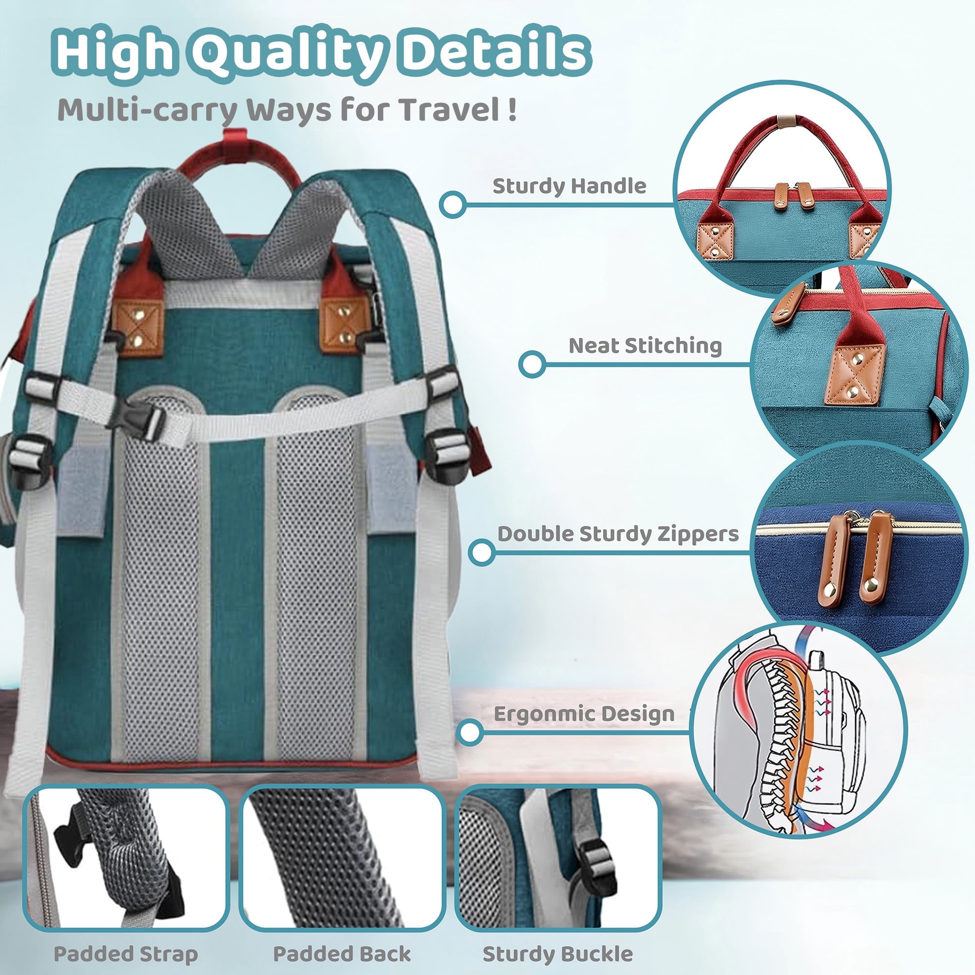 Morfone Diaper Bag Backpack with Changing Station, WaterproofLarge Capacity Baby Bag with USB Charging Port & Pacifier Case - Unisex, Colorful