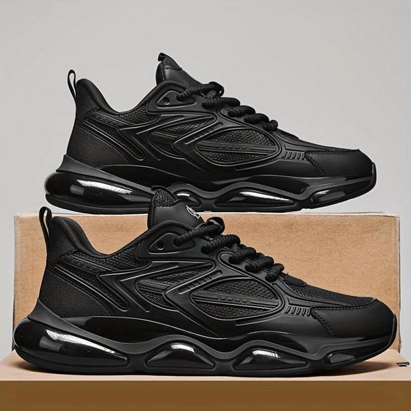 Men's All Black Air Cushion Chunky Sneakers, Breathable Mesh Lightweight Athletic Shoes, Non-Slip Shock Absorption Casual Walking Shoes for Daily Wear