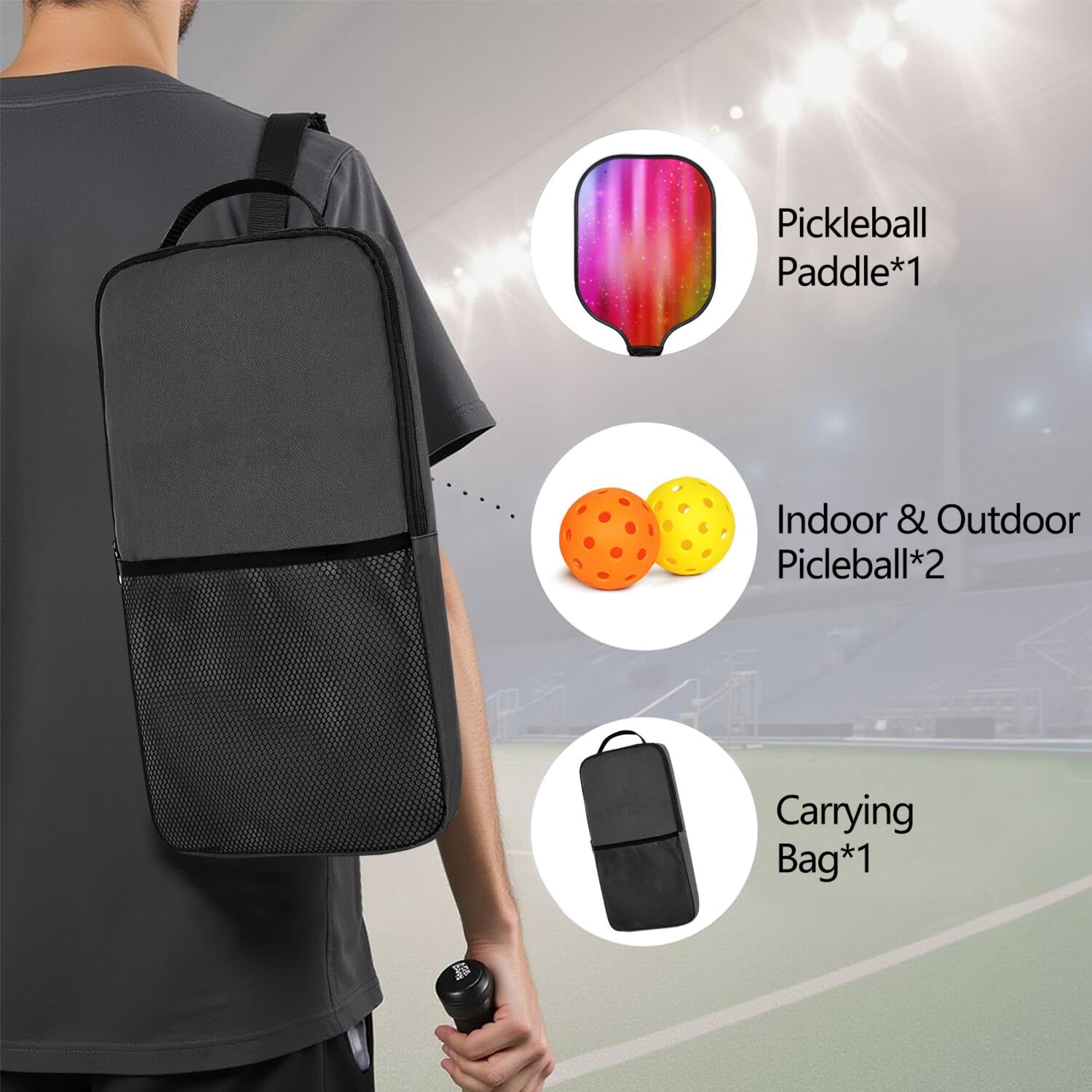 Pickleball Paddles Set Of 1, Fiberglass Surface, Vibrant Rainbow Print, 1 Paddle, 2 Balls & Bag