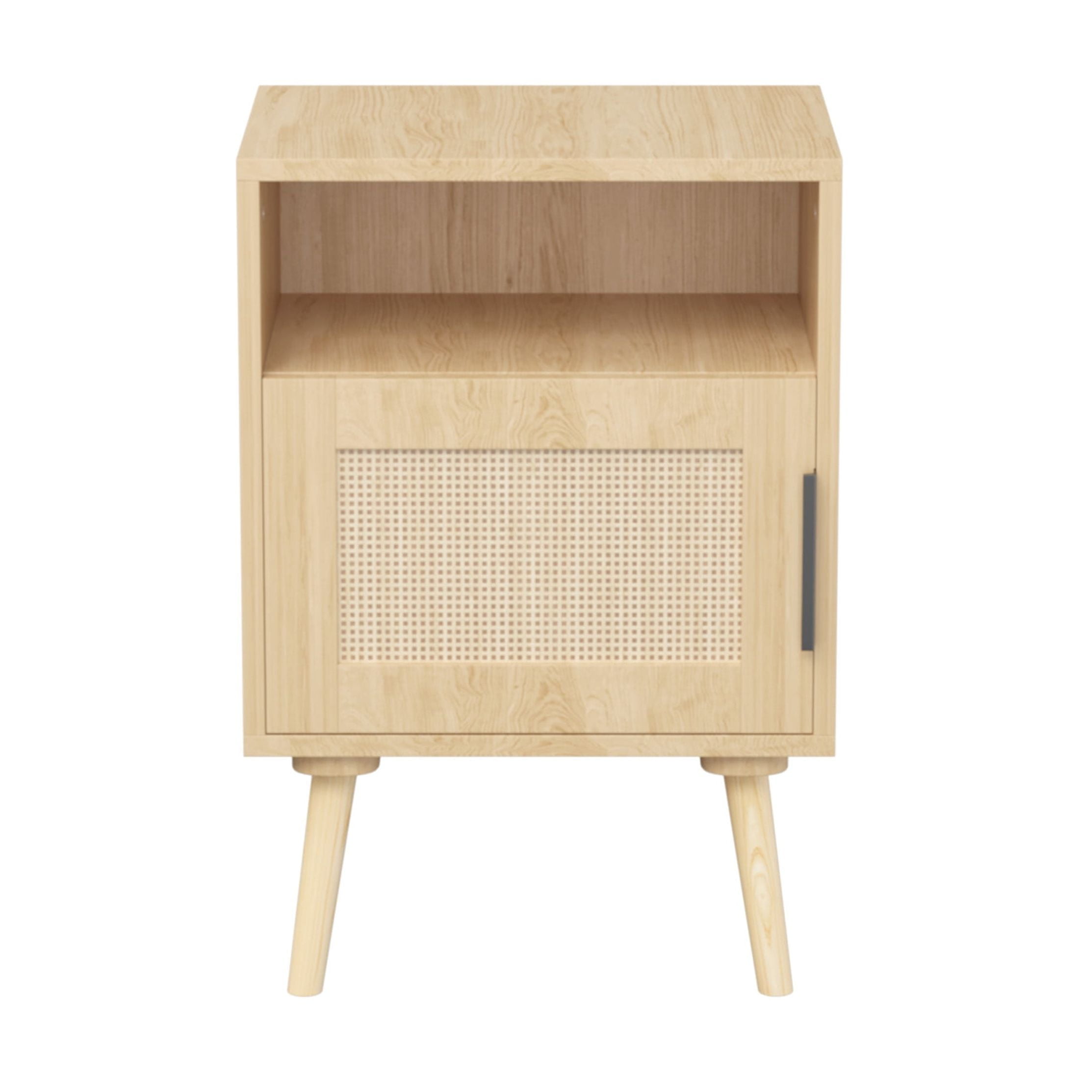 Noble House Samantha 22.8" Rattan Nightstand, Wood Accent Bedside Table with Door and Open Shelf, Oak