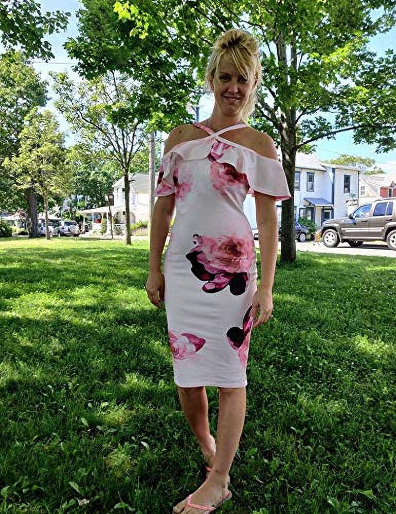 Murimia Womens Dresses Summer Off The Shoulder Ruffle Floral Print Bodycon Midi Dress