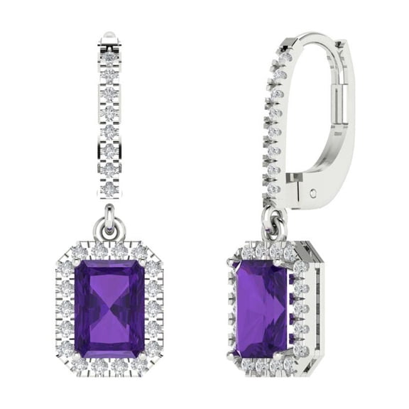 5.8072 ct Lever-Back Drop Dangle Earrings for Women | 7.5X5.5mm Emerald Cut Natural Amethyst | 18K White Gold