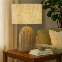20'' Natural Rattan Bedside Table Lamp Coastal Nightstand Lamp with Classic Beige Fabric Shade for Bedroom, Living Room