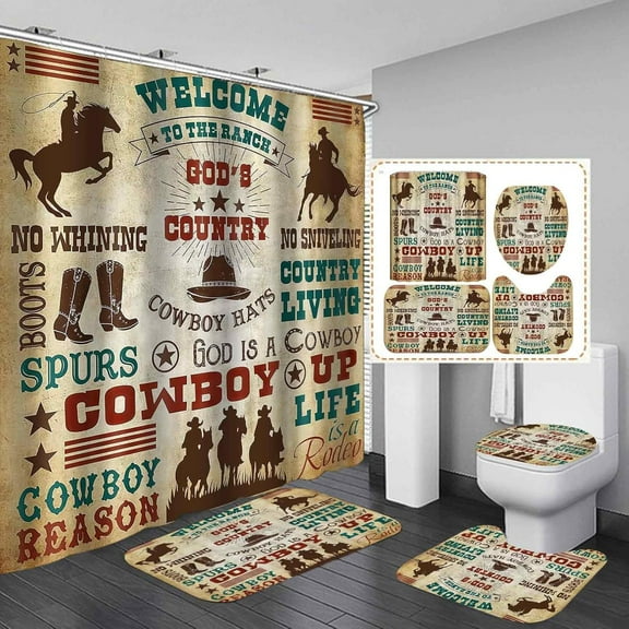 4PCS Western Shower Curtain Set, Brown Barn Door Texas Star Rodeo Cowboy Hat Riding Boots Ranch Wild West Country Rustic Farmhouse Bathroom Decor Fabric Shower Curtain Non-slip Bath Mat