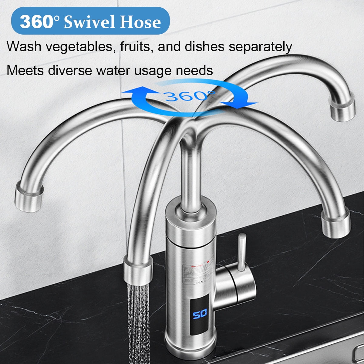 Electric Tankless Water Heater Faucet, 110V Instant Hot Water with Temperature Display for Kitchen and Bathroom Sink,Inverter Constant Temperature 304 Stainless Steel Model (Swing Spout)