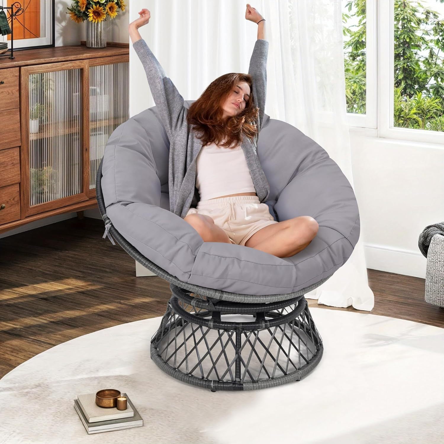 新品SISANDI MIES CLASSIC moonlight white 1 Bme Large Indoor Wide 360 Swivel Comfy Papasan Chair with