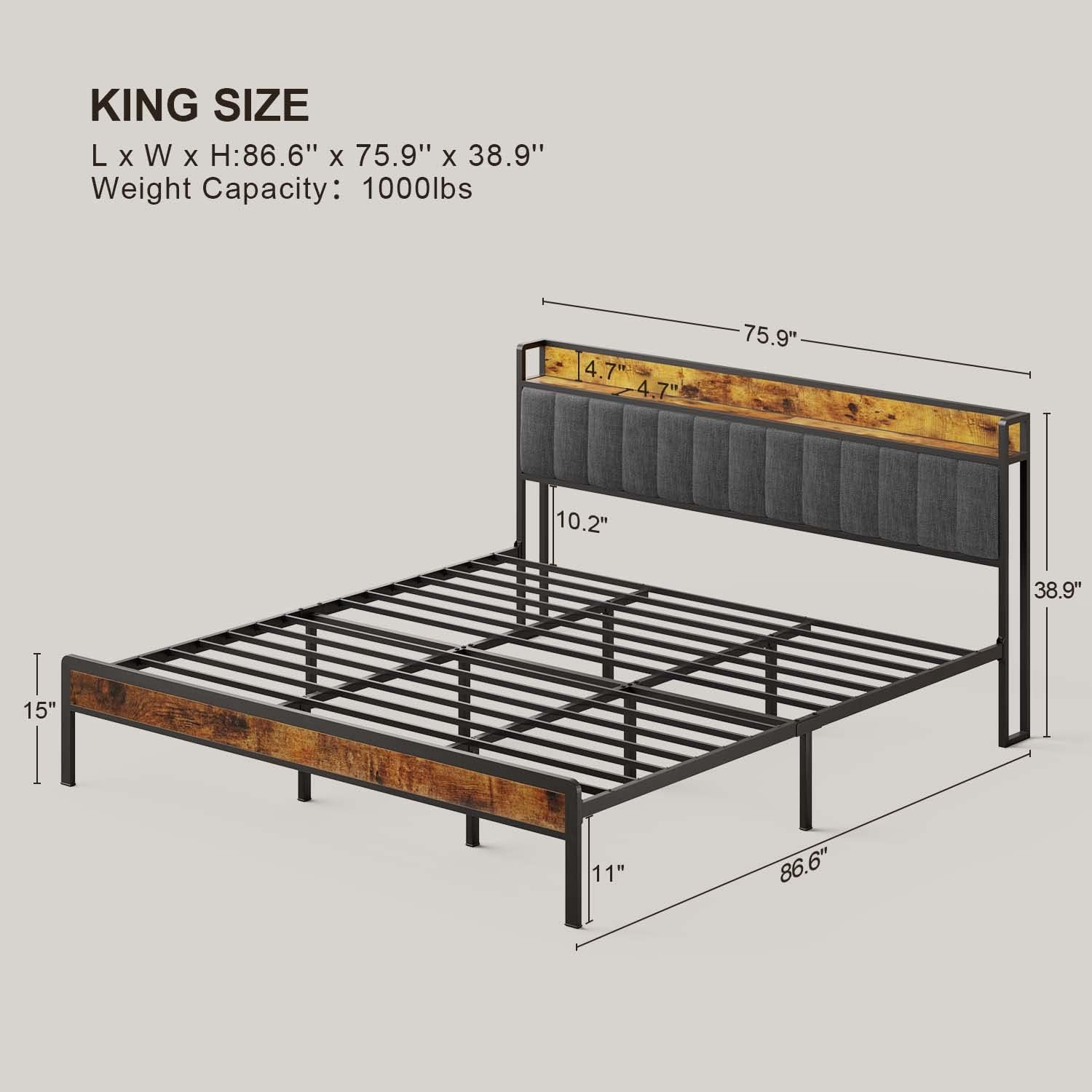 Lofka King Size Bed Frame with Storage Headboard, Sturdy Metal Support, Quiet Design, and Ample Under-Bed Storage, No Box Spring Needed，Easy Assembly