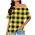 thumbnail image 3 of sckarle Women's Off Shoulder Top Short Sleeve Plaid Tee Shirt Cute Print Going Out Blouse Summer Beach Holiday Tshirt Yellow,L, 3 of 7