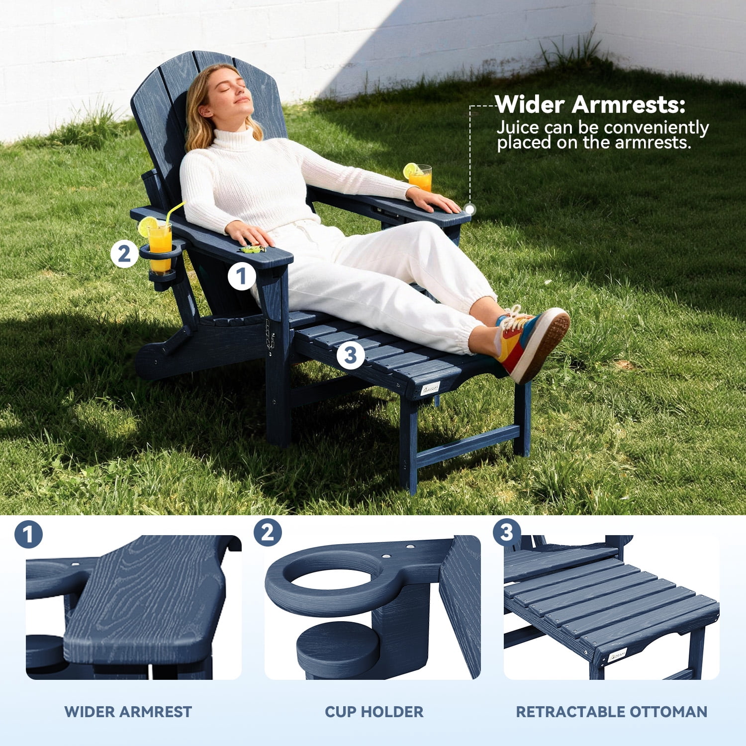 Erinnyees 3-Level Adjustable Adirondack Chair with Retractable Ottoman, HDPE All-Weather Folding Fire Pit Chair with 2 Cup Holders, Outdoor Chair for Garden
