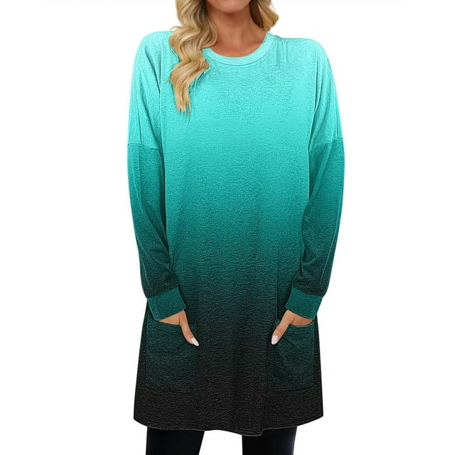Timegard Women Long Sleeve Tops with Pockets Round Neck Casual Trendy T Shirts Gradient Color Comfy Basic Shirts