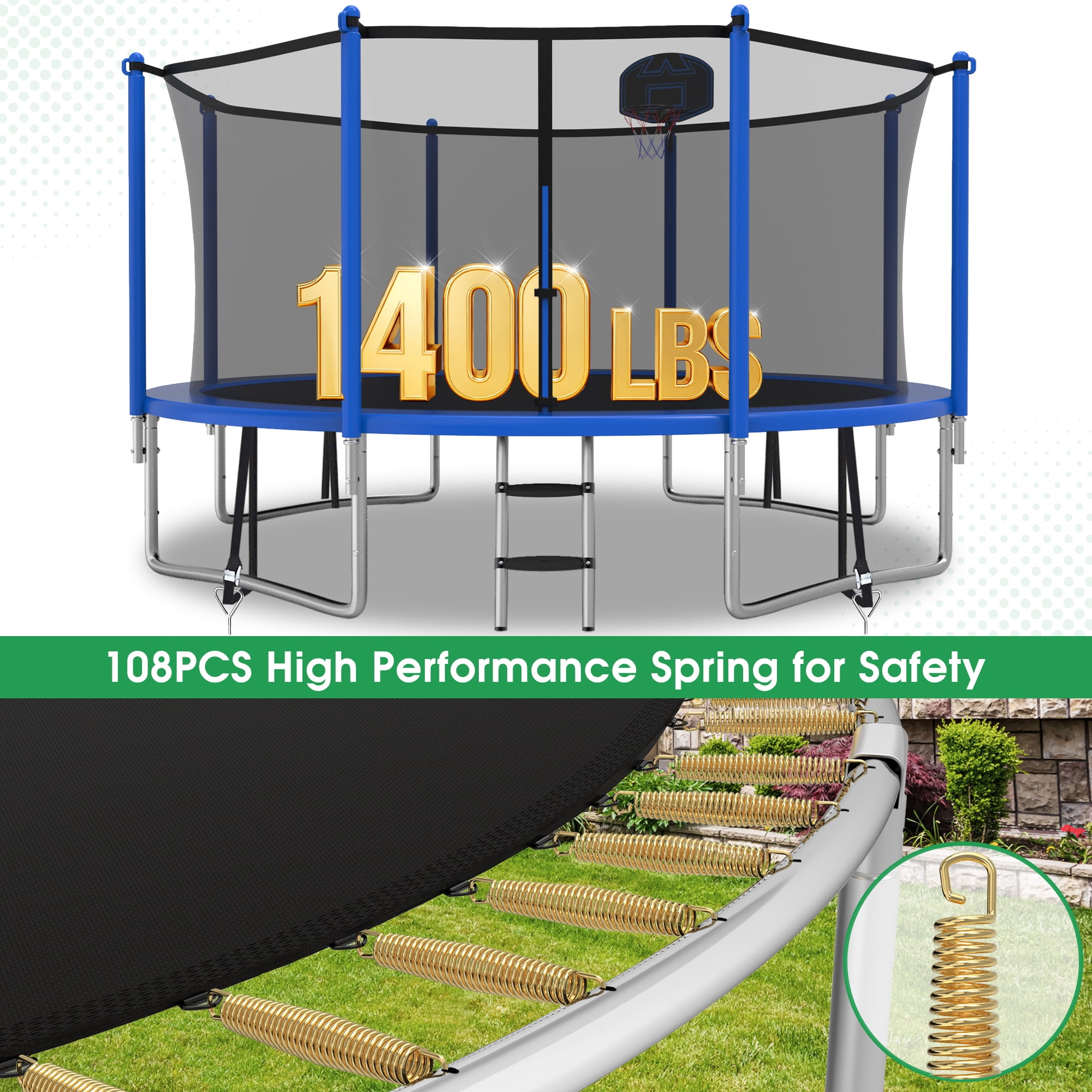 LHX 12FT 14FT 16FT Trampoline with Enclosure Net, Outdoor Trampolines for Kids Adult, Backyard Trampoline with Basketball Hoop, Ladder, Stakes, Lights, Sprinklers, Socks, Heavy Duty, 1400 LBS Loading