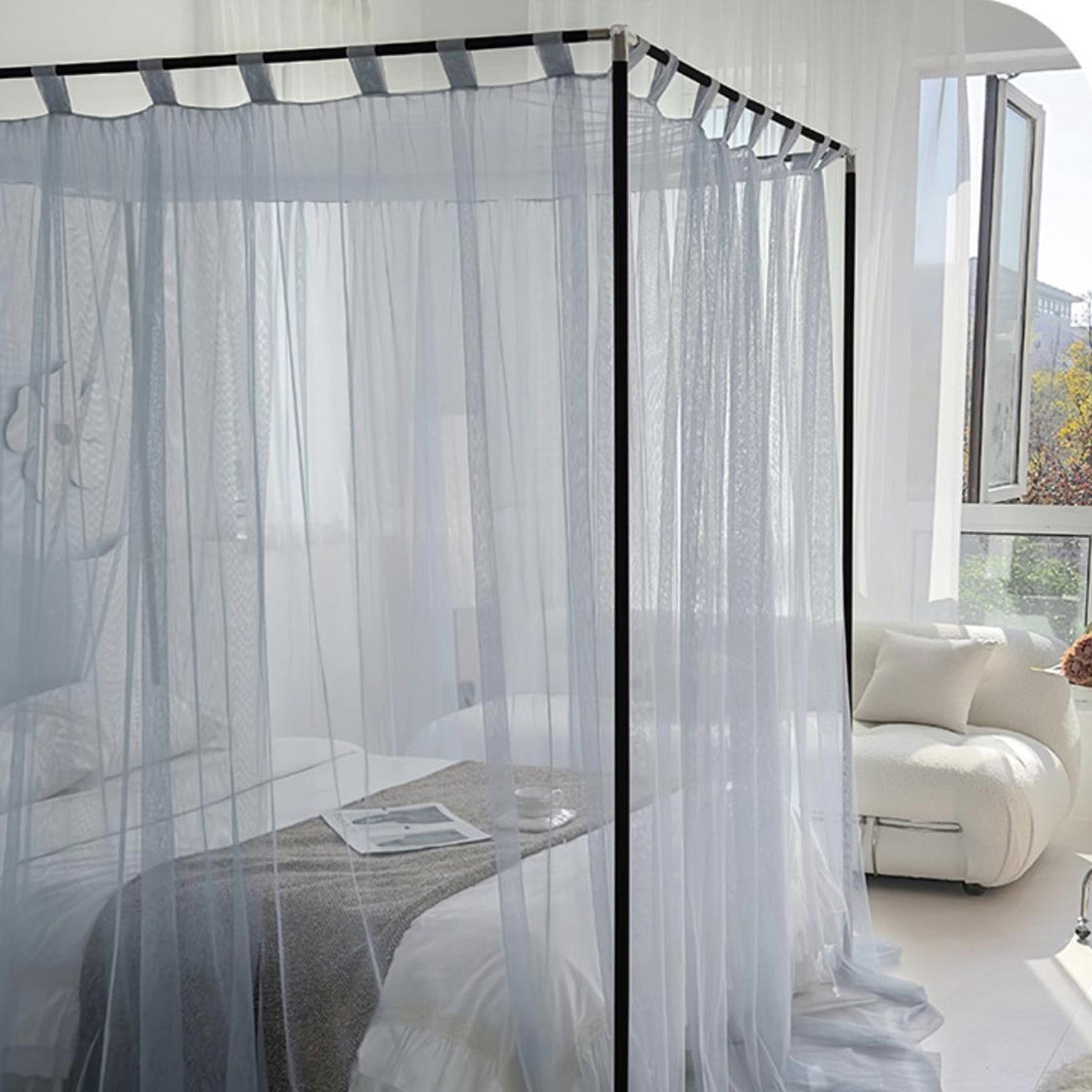 Mosquito Net for Bed 4 Corner Post Lace Canopy Curtains Encrypted Mosquito Net Floor Curtain with Metal Bracket for Girls Bed Adult Bedroom Kids Rooms