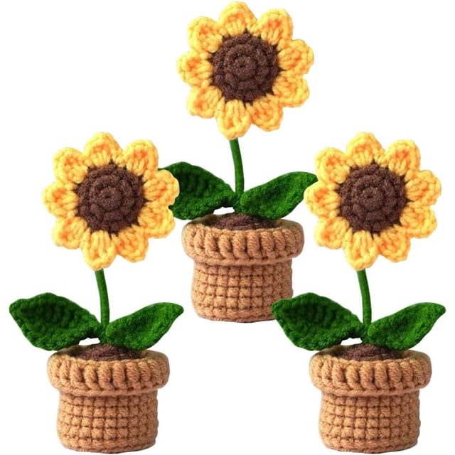 3PCS Mini Crochet Sunflower Potted Plant,Knitting Crochet Flower Fake Sunflower for Bathroom Home Kitchen Rustic Table Centerpiece Shelf Decor