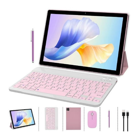 2 in 1 Tablet with Keyboard Case Mouse Stylus Pen, 10 inch Tablet Android Tablets PC Set, 4GB RAM+64GB ROM Tableta Computer 10.1" IPS Screen 8MP Dual Camera WiFi BT Google Play Tab Pink/Girl