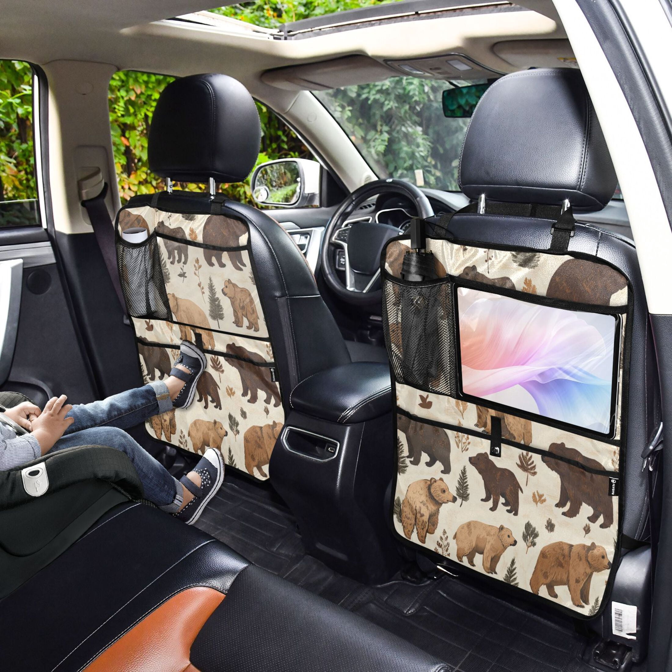 WOBOGO Brown Bear Backseat Car Organizer 2 PCS Footed Universal Car with Touch Screen Tablet Holder Rear Seat Protector