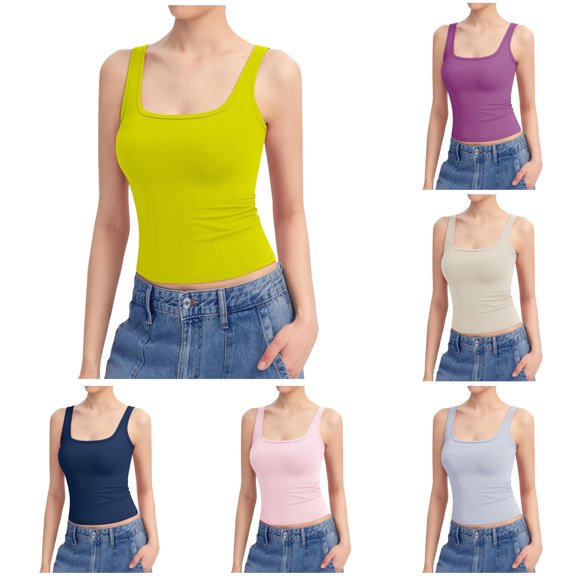 Women's Square Neck Tank Top Sleeveless Double Lined Basic Tops Blouse Bodysuit S