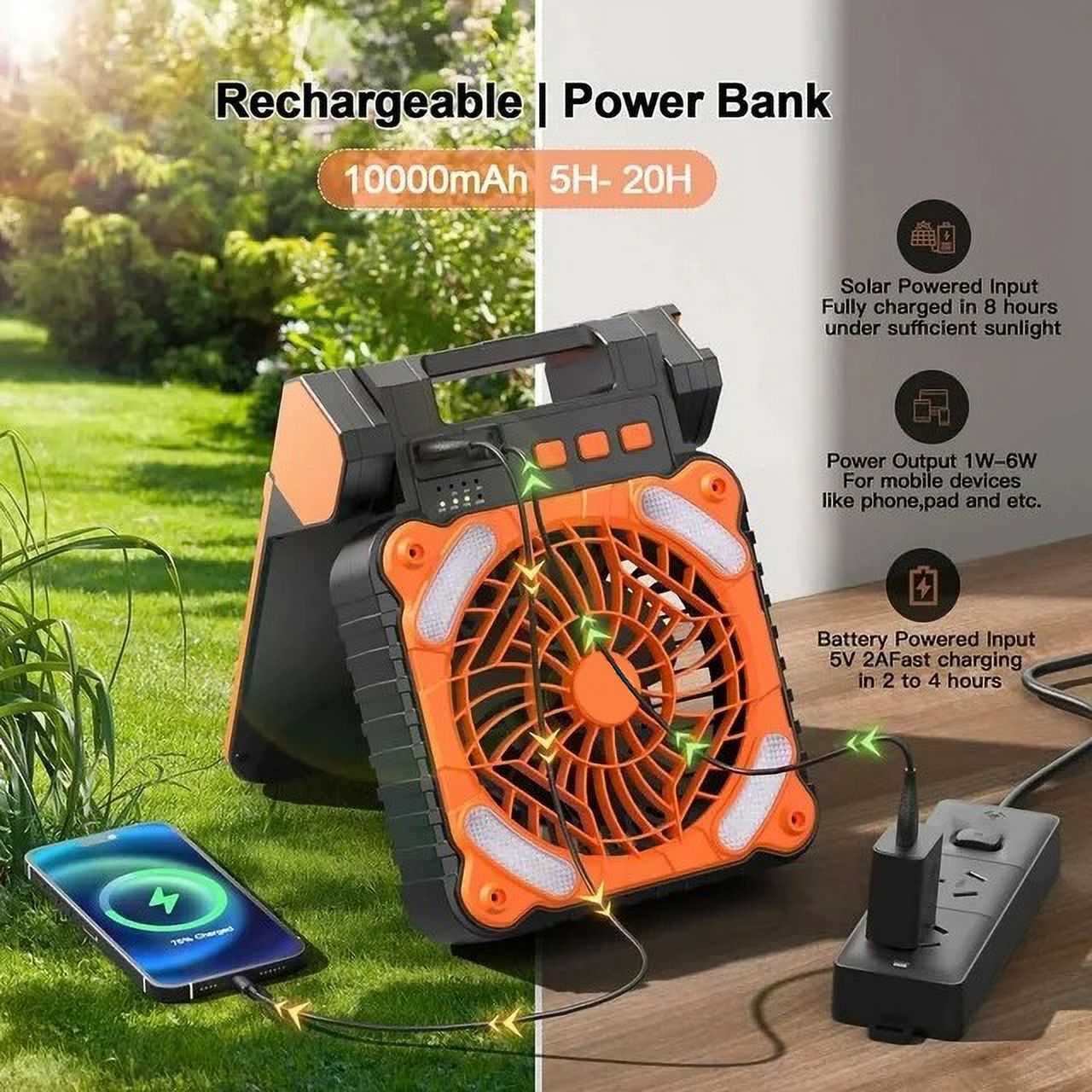 Solar Powered Fan for Camping- Camping Fan with 10000 mAh Rechargeable Battery and LED Lantern, Timer and 4 Speeds Battery Powered Outdoor Fan for Travel, Fishing, Outdoor, Bedroom